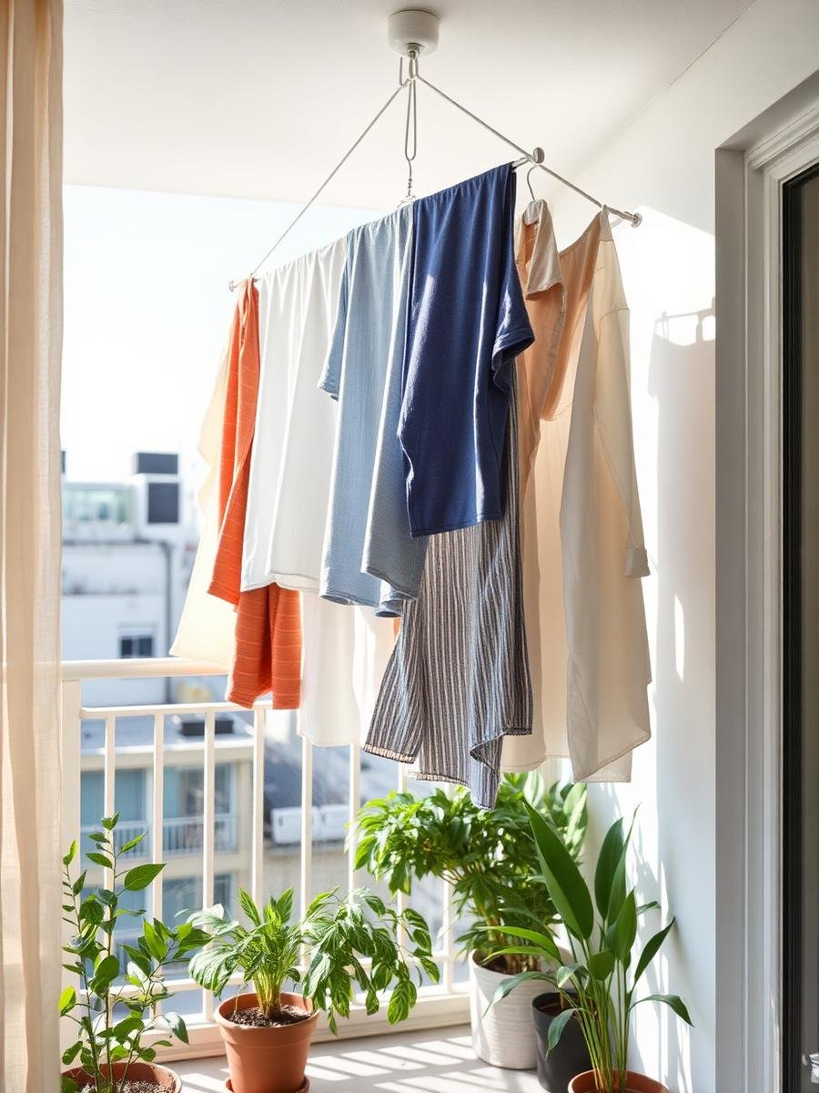 Clothes drying on a ceiling hanger in a sunlit balcony