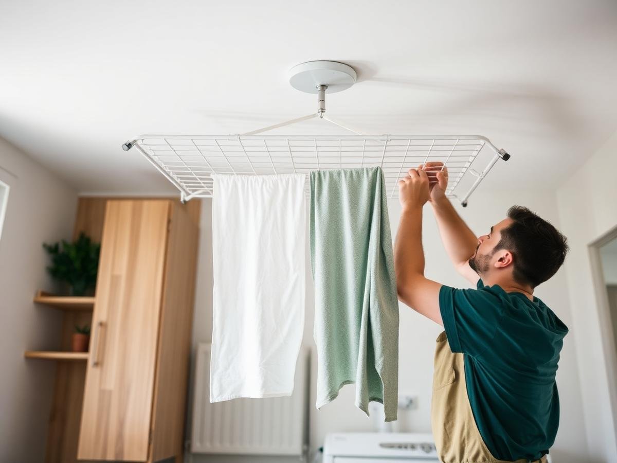 Technician installing a ceiling cloth drying rack