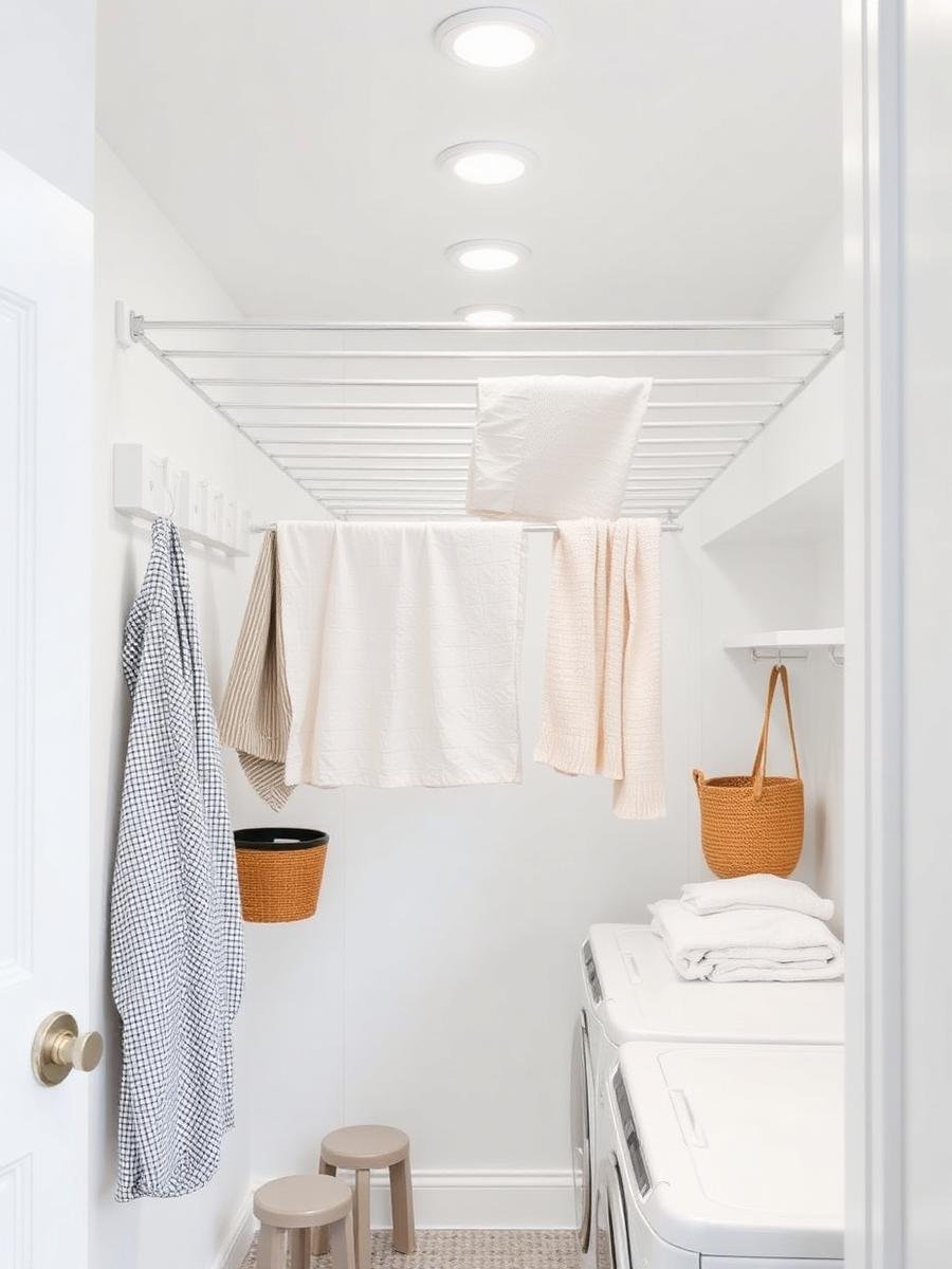 Space saving ceiling drying rails in a white utility room