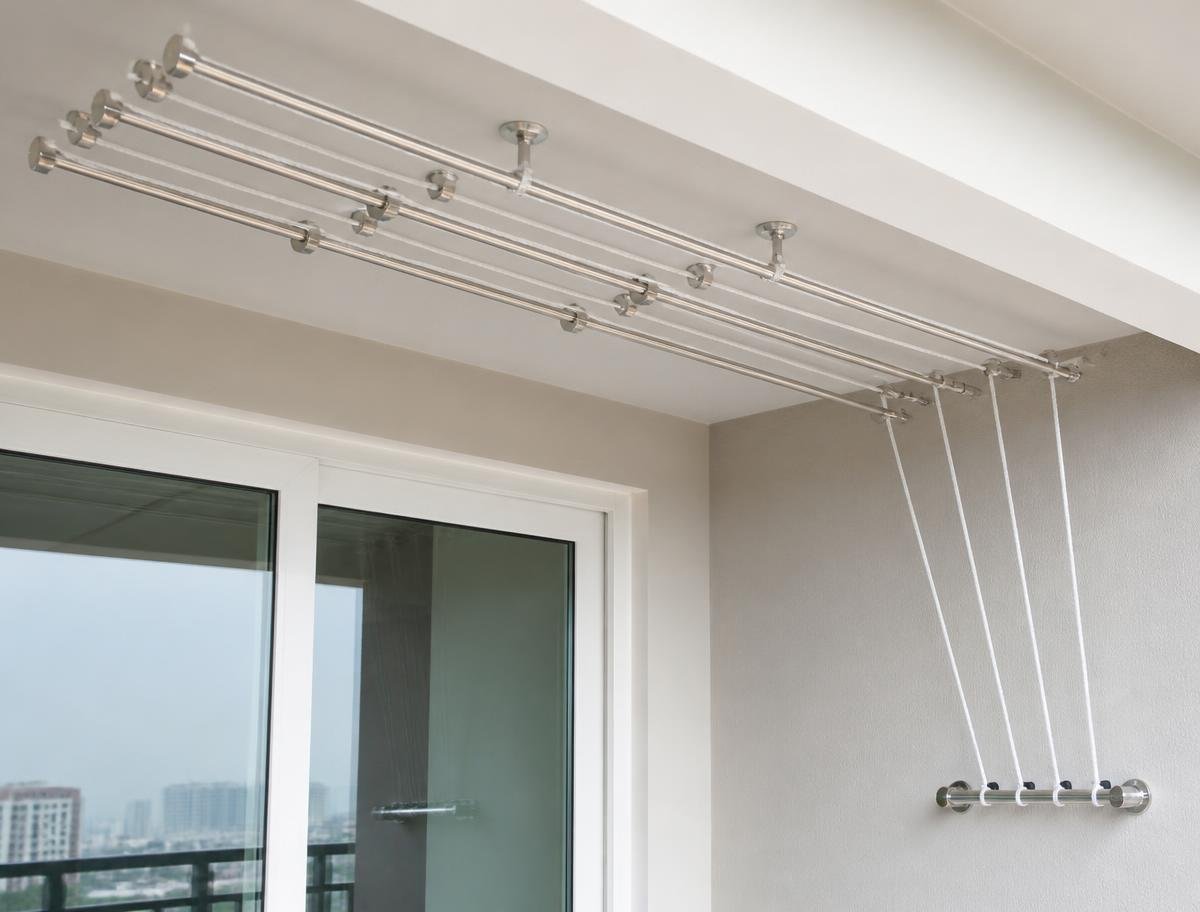 6-line ceiling cloth drying system with fresh braided ropes after installation