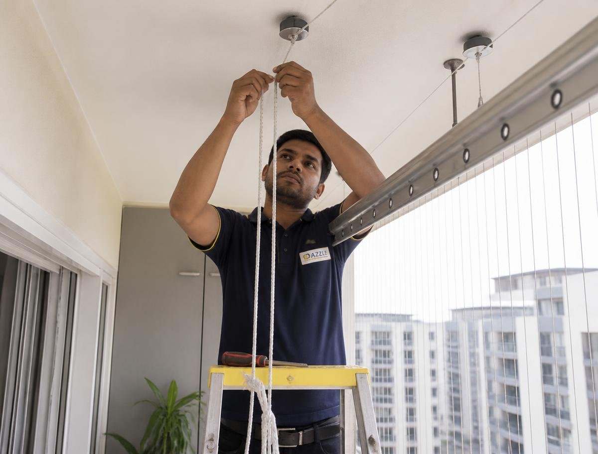 Technician replacing the pulley rope of a single-line ceiling-mounted cloth drying system